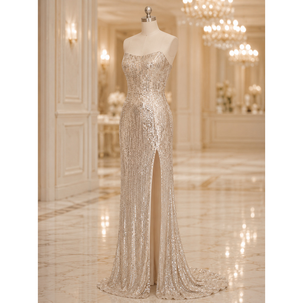 Betsy & Adam Size 12 Champagne Beaded Sequin Strapless Formal Prom Gown NWT - Picture 4 of 8